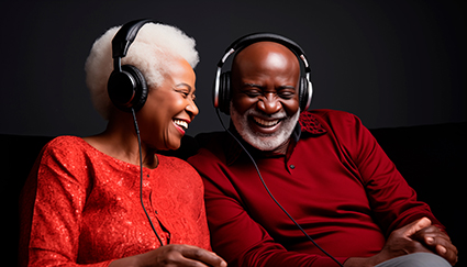 Elderly african american man and woman happy family in headphones recording podcast