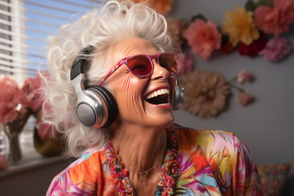 portrait a happy senior woman in wireless headphones dancing, singing